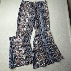 Bear Dance Womens Boho Paisley Geometric Bell Bottom Flare Pants Blue Brown M